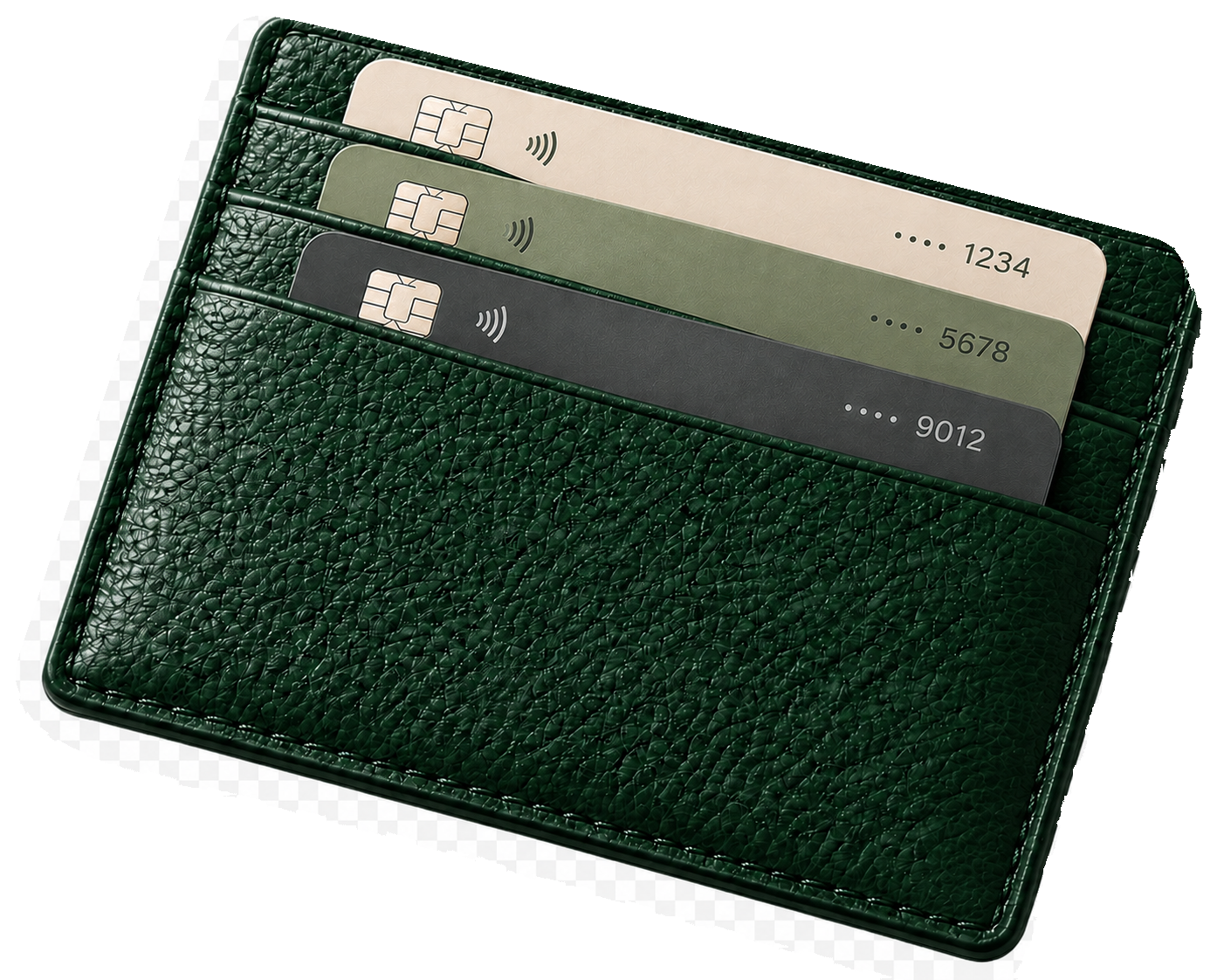 Tarjetero de cuero verde con tres tarjetas